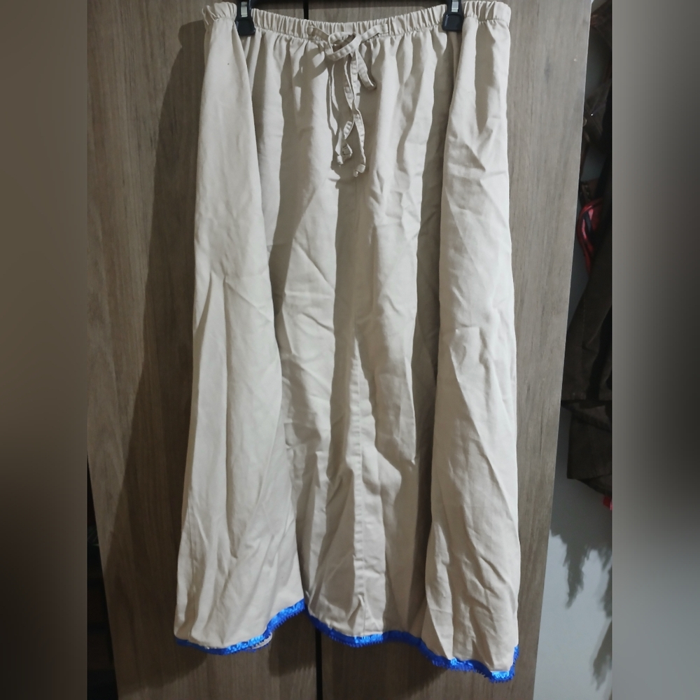 Khaki Cream Cotton Maxi Skirt with Blue Trim